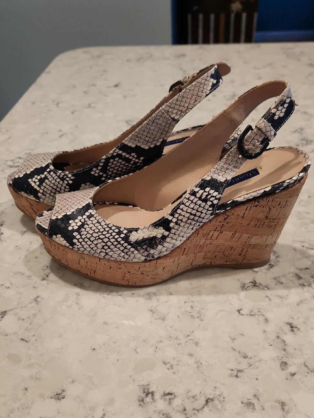 Stuart Weitzman Beige and Dark Navy Snake-Print Slingback Wedges - Picture 4 of 9